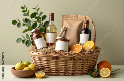 An elegant gift basket with wine, honey and fresh citrus for special occasions. Package layouts with space for text photo