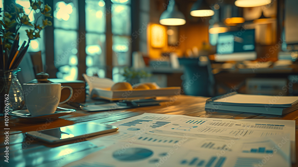 Cozy Office Workspace With Charts and Coffee Mug