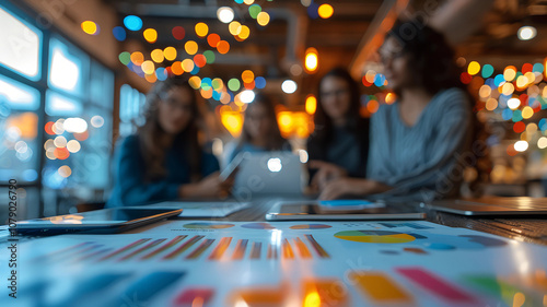 Creative Business Team Meeting With Colorful Lights and Graphs