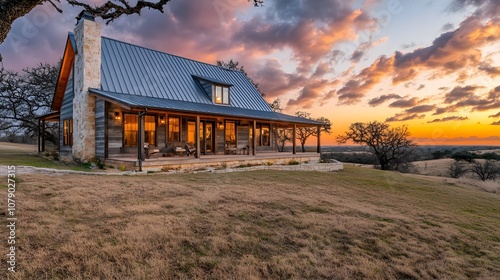 Rustic Modern Farmhouse with Expansive Porch and Rolling Field Views at Sunset