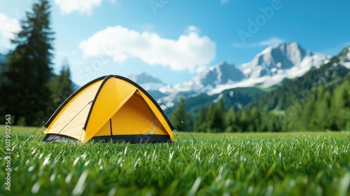 Vibrant Yellow Camping Tent Set Against Stunning Mountain Landscape Under Bright Blue Sky and Lush Green Field, Perfect for Outdoor Adventures and Nature Escapes