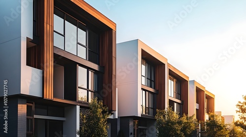 Stylish Row of Modern Urban Townhouses with Sunrise Illumination