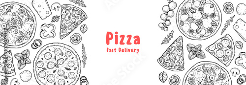Hand drawn set of pizza. Italian pizza design template. Vector illustration