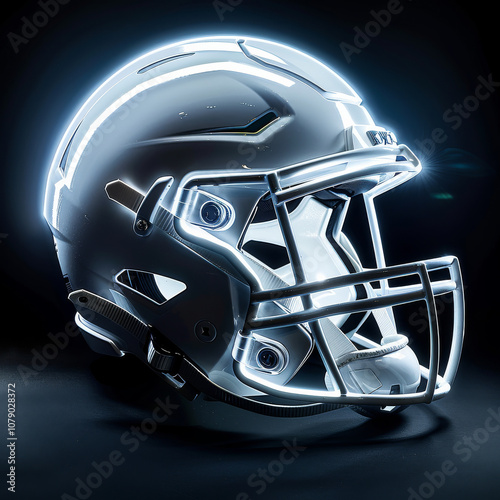 sleek American football helmet with futuristic design, illuminated with glowing accents, showcasing minimalistic aesthetic. Perfect for sports enthusiasts and design lovers photo