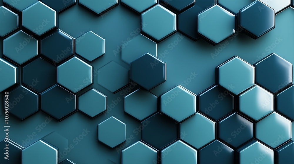 Overlapping hexagonal shapes in shades of deep blue and teal, arranged in a symmetrical grid, catching light to create a glossy effect, reminiscent of modern architecture. Overlapping hexagonal shapes in shades of deep blue and teal, arranged in a symmetrical grid, catching light to create a glossy effect, reminiscent of modern architecture.
