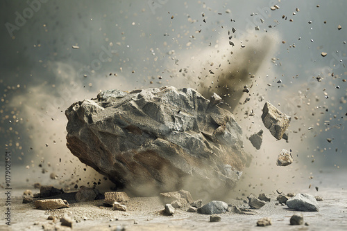 A large rock is surrounded by a cloud of dust and debris. Concept of destruction and chaos