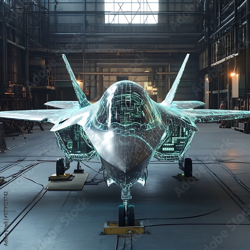 Futuristic F-35 fighter jet made entirely of digital code