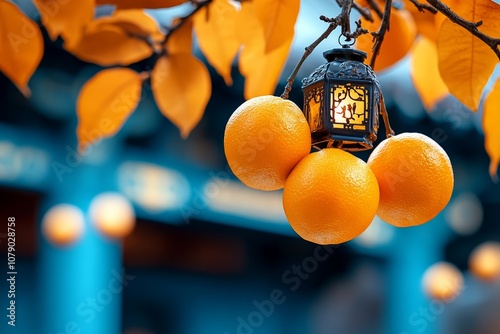 A tree branch with ripe oranges hanging, showcasing the beauty of the citrus fruit in nature