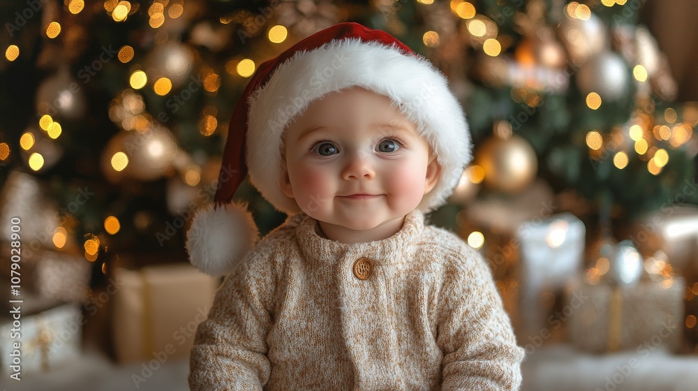 Caucasian baby in a Santa costume sits by a beautifully decorated Christmas tree Caucasian baby in a Santa costume sits by a beautifully decorated Christmas tree