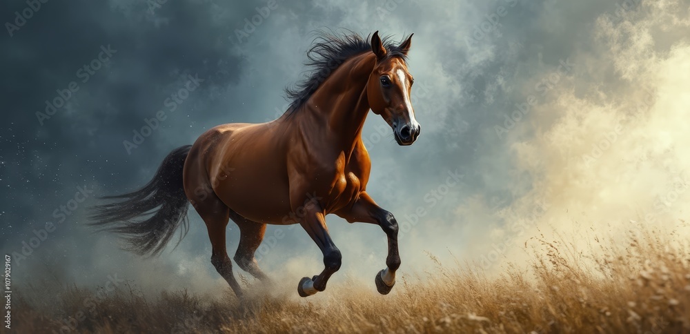 A brown horse galloping in a field of tall grass A brown horse galloping in a field of tall grass