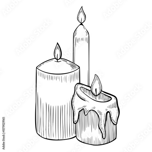 Candles with flame vector illustration. Outline drawing of object for party celebration painted by black inks on isolated background. Etching of cozy home decor for meditation. Engraving candlelight.