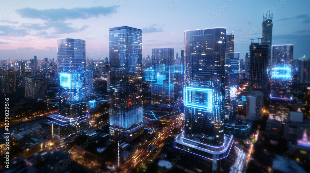 Obraz premium Transparent City Blocks with Digital Data Flowing Inside