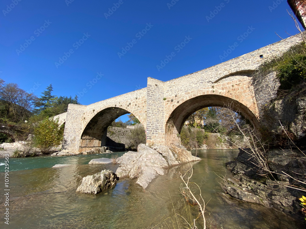 Fototapeta premium Pont médiéval sur la Vis dans les Cévennes