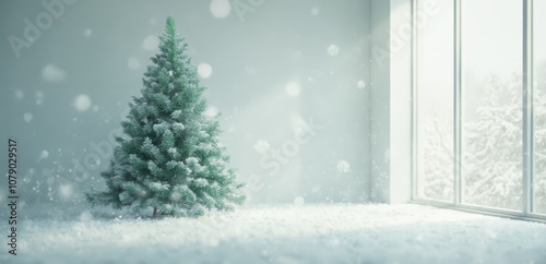A small christmas tree in front of a window covered in snow