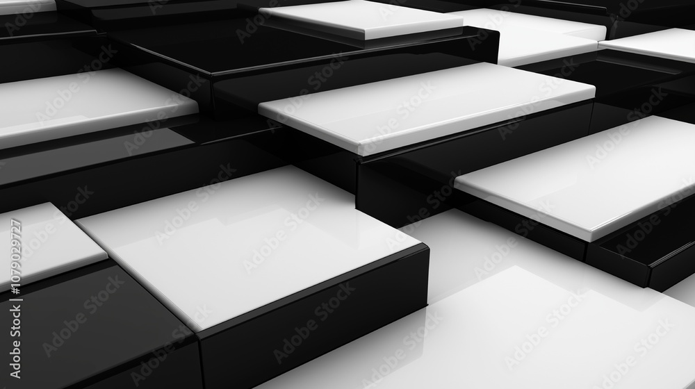 Rectangular shapes arranged in a stepped pattern, alternating between glossy black and matte white, with smooth, clean edges. The alternating texture adds sophistication. Rectangular shapes arranged in a stepped pattern, alternating between glossy black and matte white, with smooth, clean edges. The alternating texture adds sophistication.
