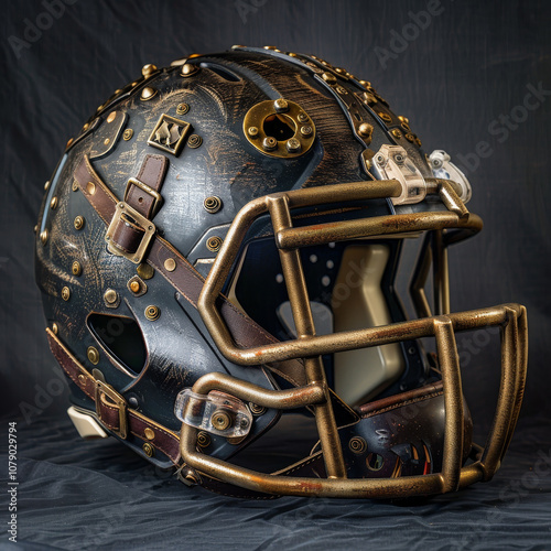 Intricate American football helmet featuring brass machinery and leather accents, showcasing unique design with detailed craftsmanship and vintage aesthetic photo