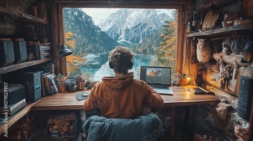 Person working at a desk with a mountain view through a window.