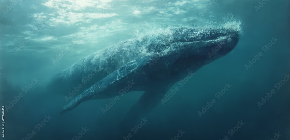 Naklejka premium A humpback whale swimming in the ocean with its mouth open