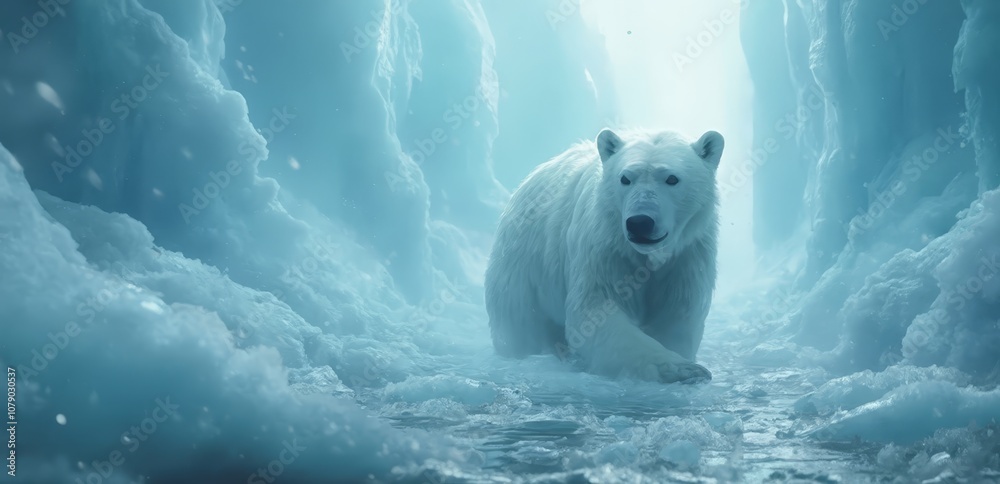 Naklejka premium A polar bear walking through an ice cave