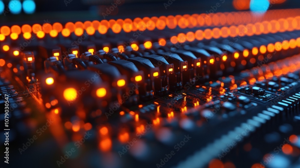 Fototapeta premium Close-up of illuminated circuit board components in dark setting.