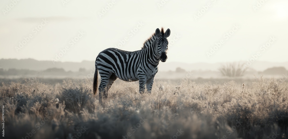 Naklejka premium A zebra standing in a field of tall grass