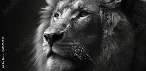  A black and white photo of a lion's face