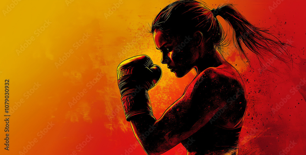 A focused female boxer stands with her fists raised, preparing for a sparring session against a vibrant yellow and orange backdrop during sunset. A focused female boxer stands with her fists raised, preparing for a sparring session against a vibrant yellow and orange backdrop during sunset.