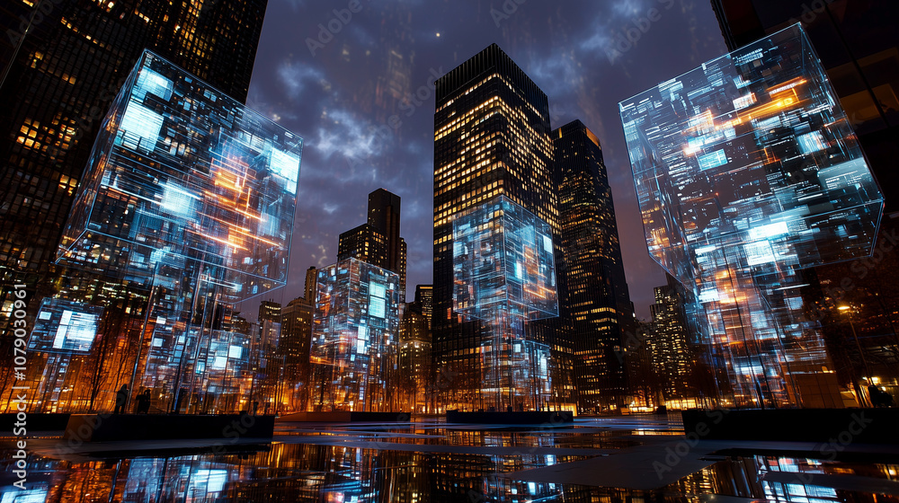 Fototapeta premium Transparent Digital Archives Above Cityscape Showing Data Accessibility