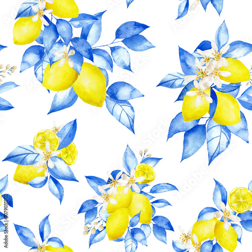 Seamless pattern with lemons, blue leaves, and lemon flowers. Hand-painted Watercolor illustration.