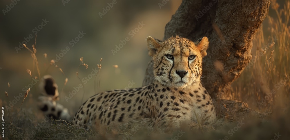 Fototapeta premium A cheetah sitting in the grass next to a tree