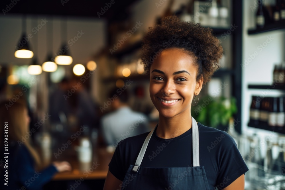 Fototapeta premium Smiling portrait of a young female waitress in cafe