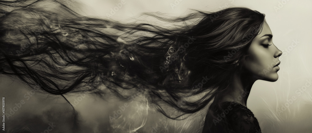 Abstract Photo of Woman with Flowing Hair in a Dreamlike, Wind-Swept Monochrome Portrait Abstract Photo of Woman with Flowing Hair in a Dreamlike, Wind-Swept Monochrome Portrait
