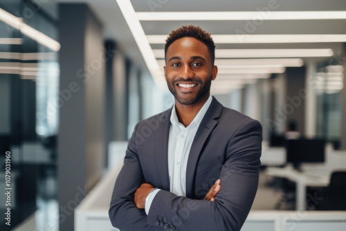 Smiling portrait of a young African American businessman in office