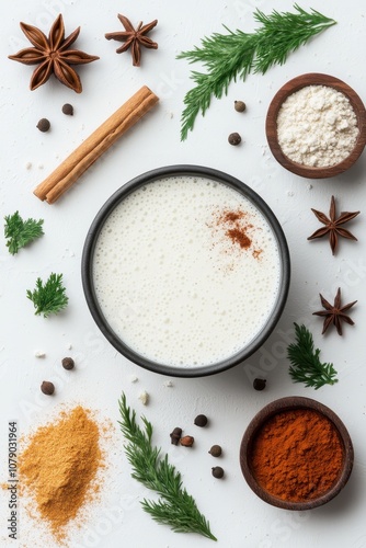 Low Poly Illustration of Indian Buttermilk Chaas with Spices and Ingredients on a White Background, Perfect for Culinary and Cultural Designs photo