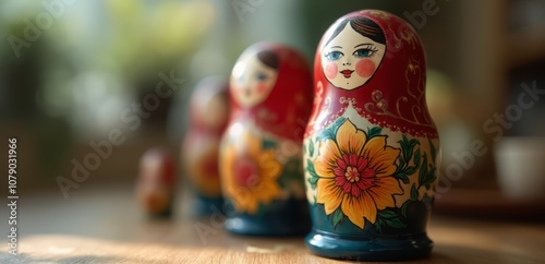 A row of nesting dolls sitting on top of a wooden table