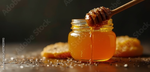 A jar of honey with a wooden spoon sticking out of it