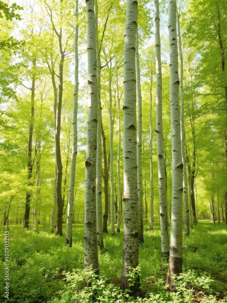 Green birch trees standing tall in a lush spring forest, surrounded by vibrant green foliage and sunlight filtering through the canopy, flora Green birch trees standing tall in a lush spring forest, surrounded by vibrant green foliage and sunlight filtering through the canopy, flora
