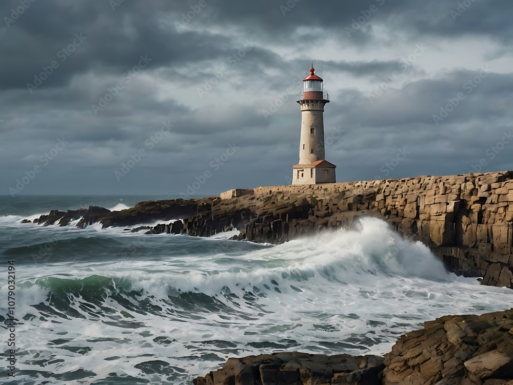 Lighthouse Standing Tall Against Stormy Sea and Cloudy Sky Lighthouse Standing Tall Against Stormy Sea and Cloudy Sky