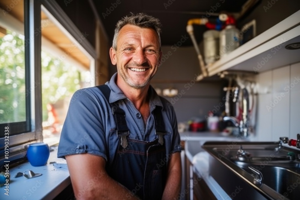 Smiling portrait of a middle aged male Caucasian plumber Smiling portrait of a middle aged male Caucasian plumber