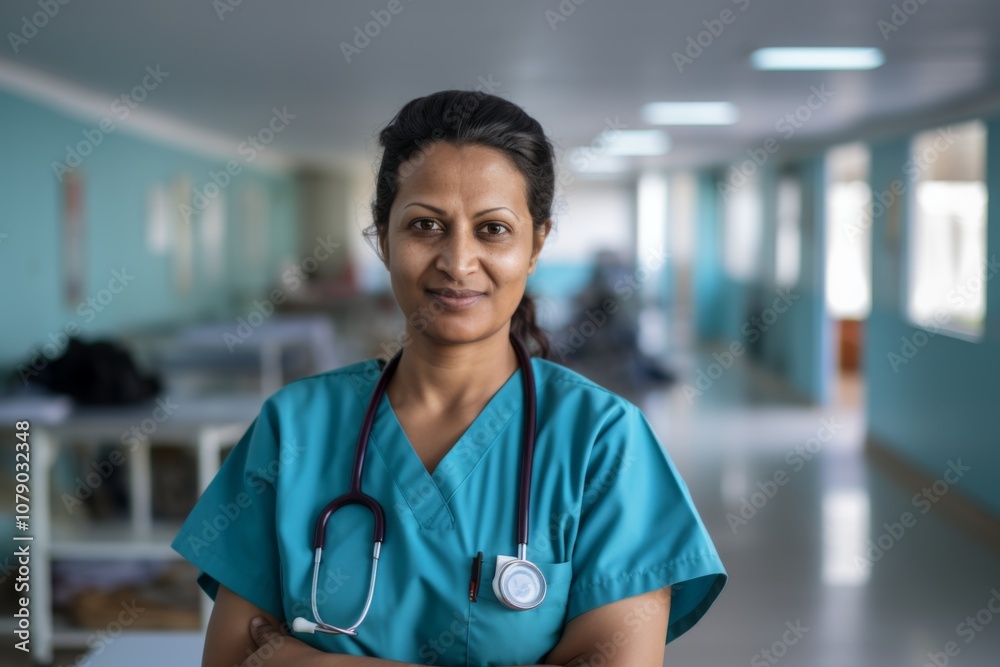 Smiling portrait of a middle aged Indian nurse in hospital