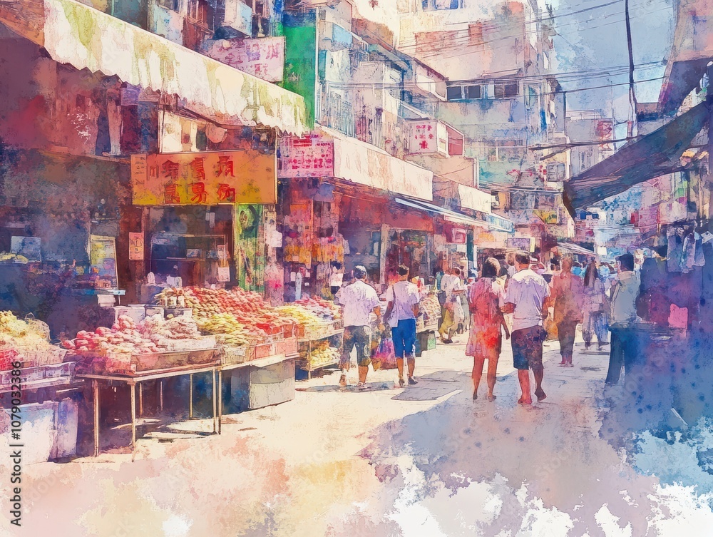 Fototapeta premium Colorful Watercolor Painting of a Busy Urban Street Scene