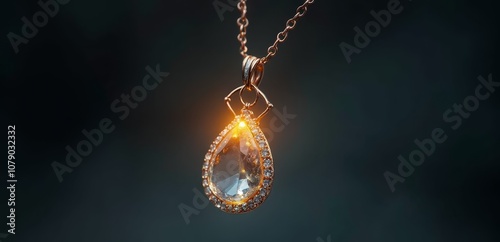 A gold necklace with a tear shaped pendant on a chain photo