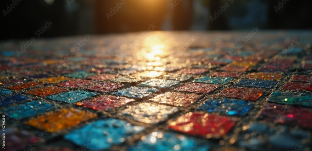 Fototapeta premium A close up of a mosaic tile table with the sun shining through it