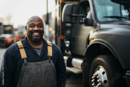 Smiling portrait of a middle aged African American male truck driver