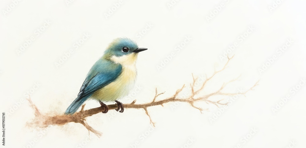 A watercolor painting of a blue bird sitting on a branch
