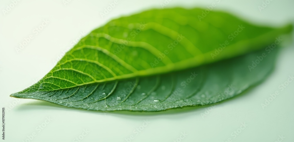 Obraz premium A green leaf with water droplets on it