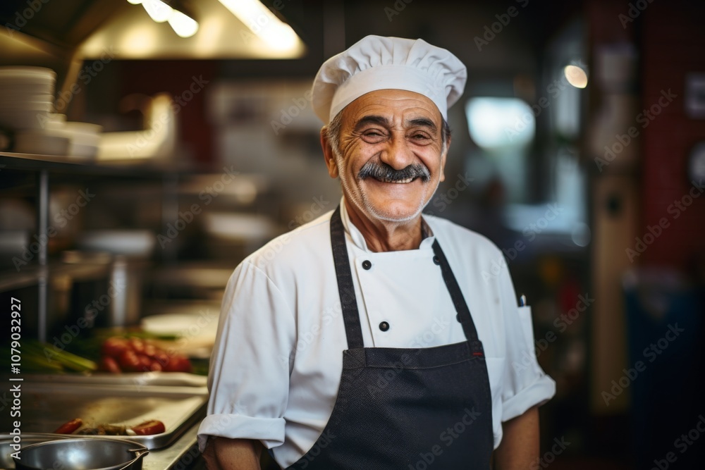 Smiling portrait of a senior Italian chef working in kitchen Smiling portrait of a senior Italian chef working in kitchen
