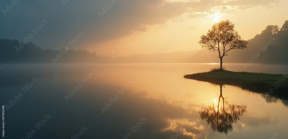 Fototapeta premium A lone tree is reflected in the water of a lake
