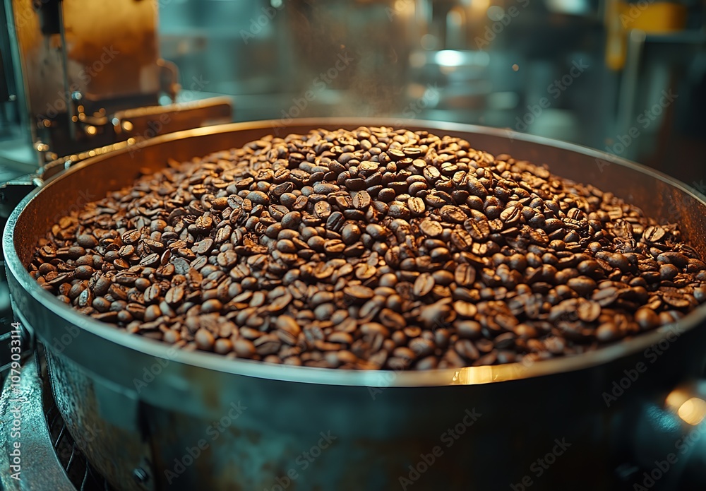 A large pile of coffee beans in a metal bowl A large pile of coffee beans in a metal bowl