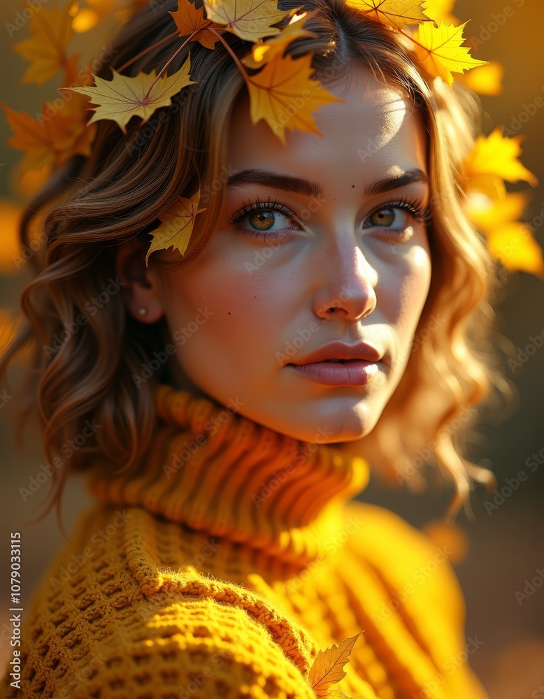 A woman in a yellow sweater with a wreath of leaves on her head A woman in a yellow sweater with a wreath of leaves on her head